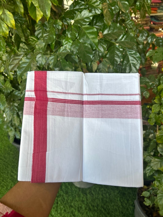 KaithariKada Balaramapuram 100% Cotton Single Pure White Mundu/Dhoti - 100X80 - 1.5 inch Maroon Shaded Side Stripes kara 2 mtr (4 muzham) - 12 KK5294 THI