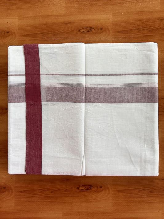 Single Pure White Mundu/Dhoti - KaithariKada Balaramapuram Pure Cotton - 70x30 - 1.25 Inch Maroon Shaded Striped Kara 1.90 mtr (4 muzham) - 20 KK5418 PMC
