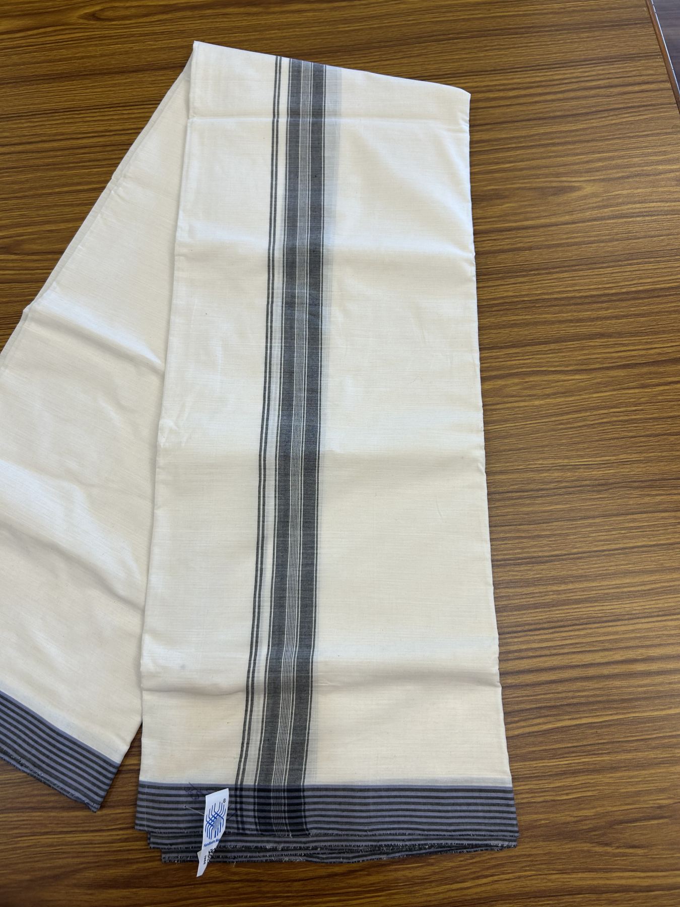 Kerala Handloom - Signature Kaitharikada - Government Sealed Hallmarked-100% Pure Cotton! (2/120sX100) Twisted Thread- Off White Double Mundu/Dhoti - 1.25 inch Black Shaded Striped Kara 4 mtr (8.5 muzham) - 19 KK5331 KAL