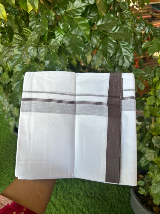 KaithariKada Balaramapuram 100% Cotton Single Pure White Mundu/Dhoti - 100X80 - 1.5 inch Dark Brown Shaded Side Stripes kara 2 mtr (4 muzham) - 14 KK5294 THI