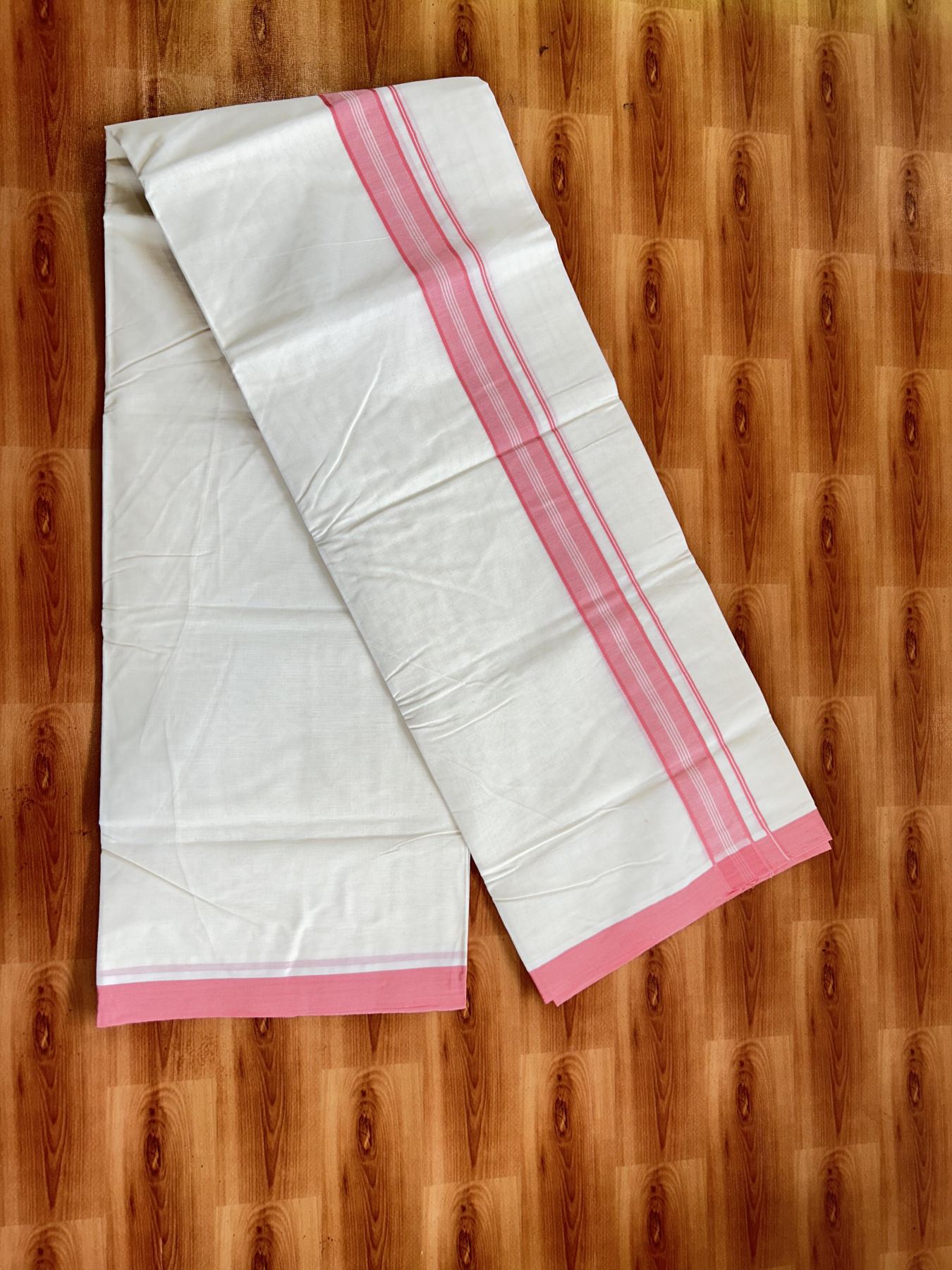 Double Off white (Unbleached)Mundu/Dhoti - 20% Discount KaithariKada Balaramapuram 100% Cotton - 100x100 - 1.5 inch Peach Pink Shaded Kara - 14 KK5392 ASH