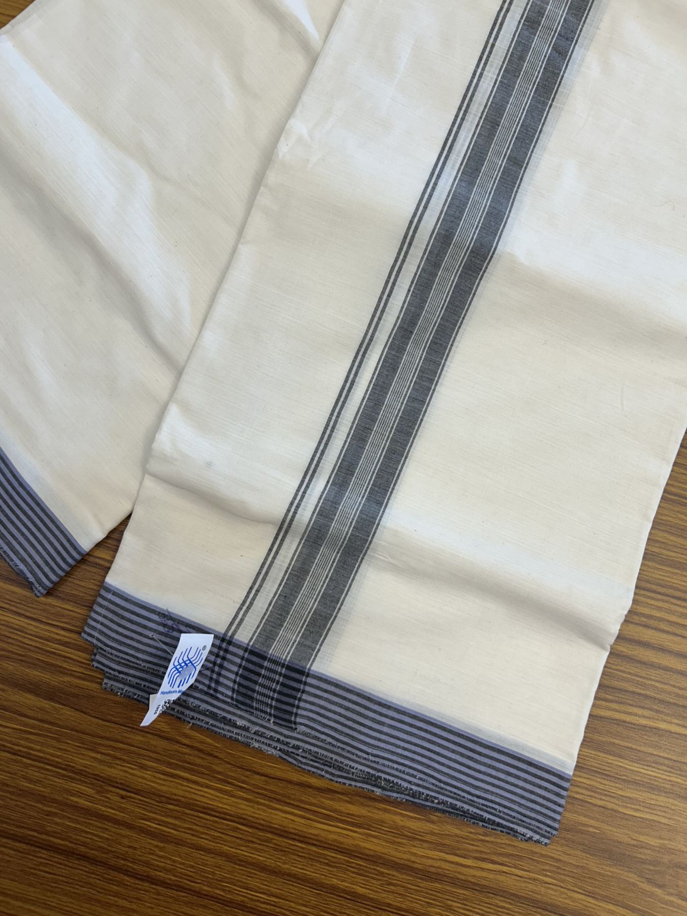 Kerala Handloom - Signature Kaitharikada - Government Sealed Hallmarked-100% Pure Cotton! (2/120sX100) Twisted Thread- Off White Double Mundu/Dhoti - 1.25 inch Black Shaded Striped Kara 4 mtr (8.5 muzham) - 19 KK5331 KAL