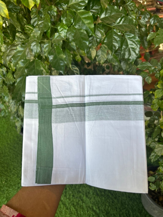 KaithariKada Balaramapuram 100% Cotton Single Pure White Mundu/Dhoti - 100X80 - 1.5 inch Green Shaded Side Stripes kara 2 mtr (4 muzham) - 13 KK5294 THI