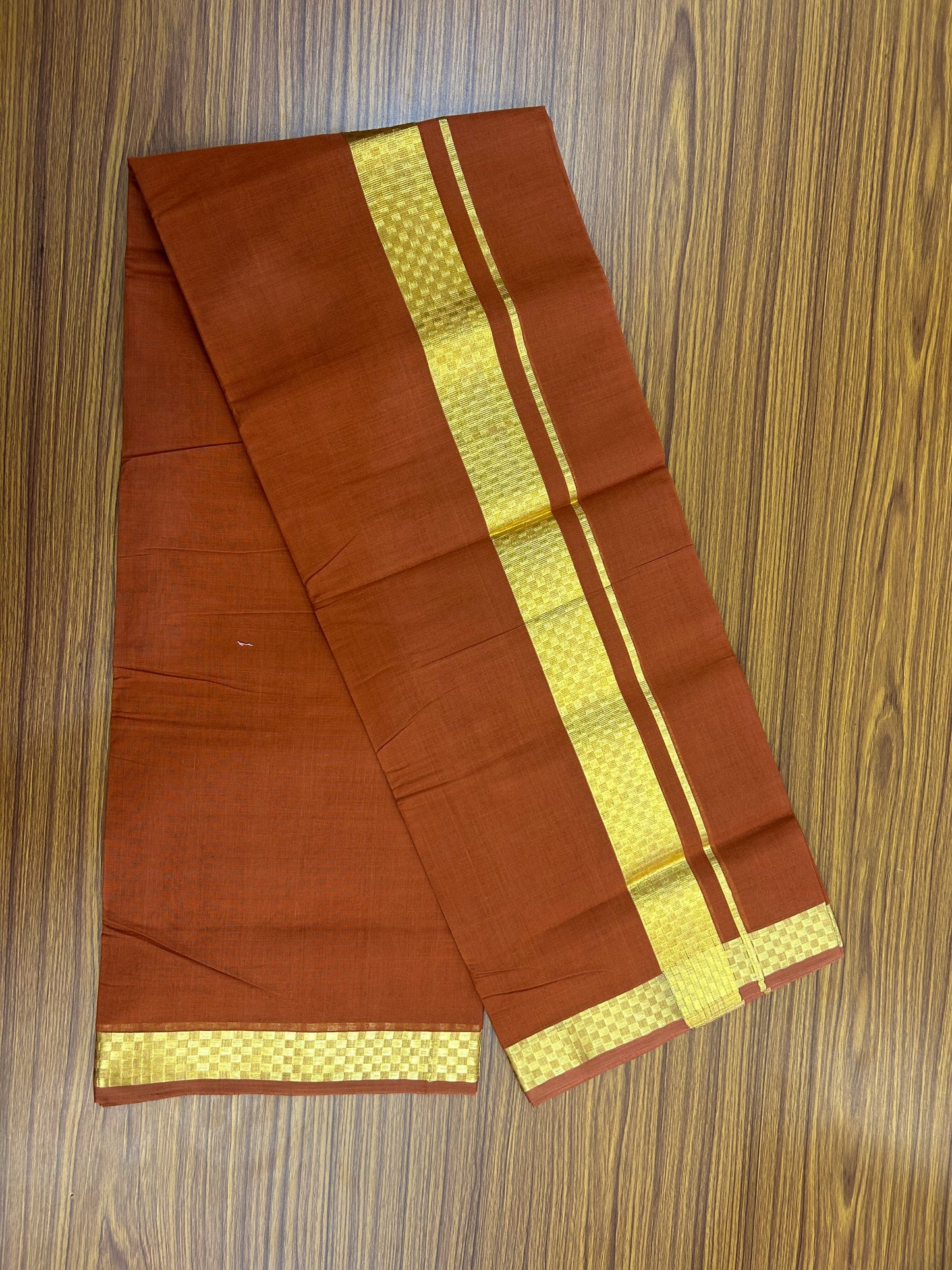 25% Discount! KaithariKada Handloom Unakkupaav Kerala Handloom- 100% Cotton Double Mundu/Dhoti - 1.75 inch Gold Kasavu Jacquard Design Kara with Brick Orange colour Body- 11 KK5375 ABH