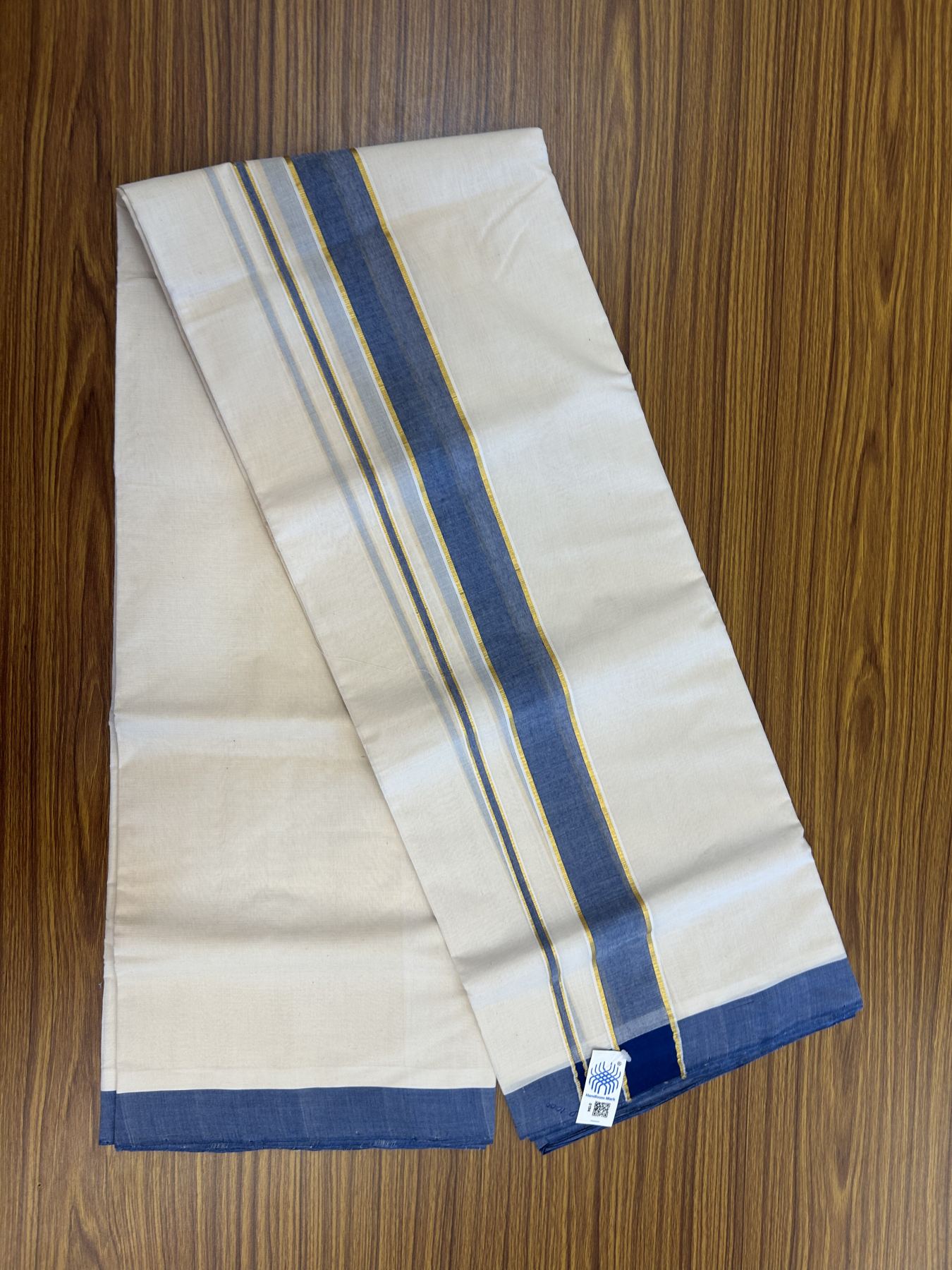 Kerala Handloom - Kaitharikada - 25% Discount! - Government Sealed Hallmarked-100% Pure Cotton! (90X80s) Twisted Thread- Off White Double Mundu/Dhoti - 1.75 inch Gold Kasav & Blue Shaded Kara 4 mtr (8.5 muzham) - 20 KK5331 KAL