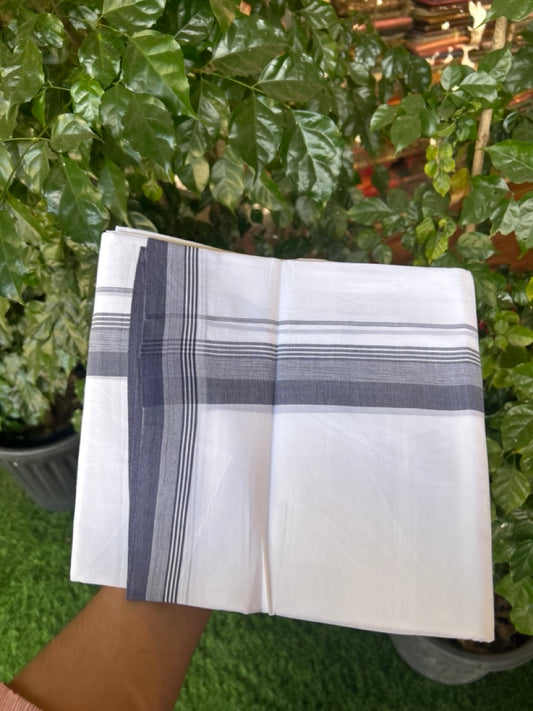 20% Discount ! Kaitharikada Balaramapuram 100% Cotton PURE WHITE Double Mundu/Dothi - 100x80 - 1.5 inch Navy Blue Shaded Striped Kara 3.90 mtr (8 muzham) - 85 KK5294 THI