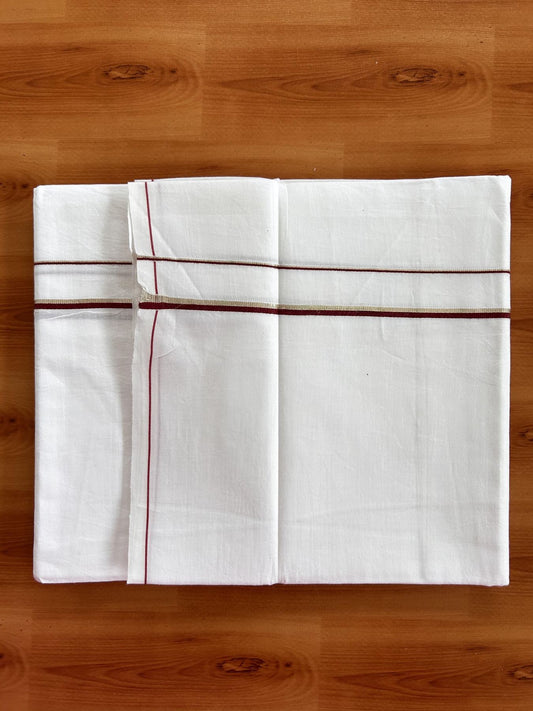 Single Pure White Mundu/Dhoti -KaithariKada Balaramapuram Pure Cotton - 70x30 - 0.3 cm Silver Kasav & Maroon Kara 1.90 mtr (4 muzham) - 31 KK5418 PMC