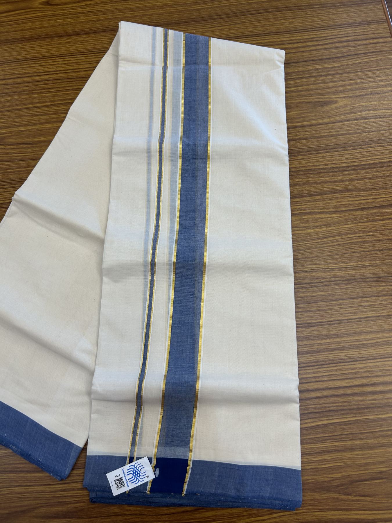 Kerala Handloom - Kaitharikada - 25% Discount! - Government Sealed Hallmarked-100% Pure Cotton! (90X80s) Twisted Thread- Off White Double Mundu/Dhoti - 1.75 inch Gold Kasav & Blue Shaded Kara 4 mtr (8.5 muzham) - 20 KK5331 KAL
