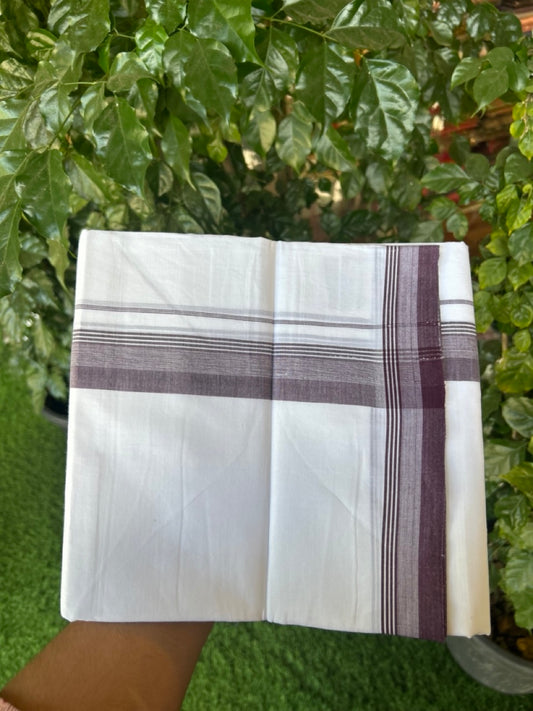 20% Discount ! Kaitharikada Balaramapuram 100% Cotton PURE WHITE Double Mundu/Dothi - 100x80 - 1.5 inch Purple Shaded Striped Kara 3.90 mtr (8 muzham) - 81 KK5294 THI