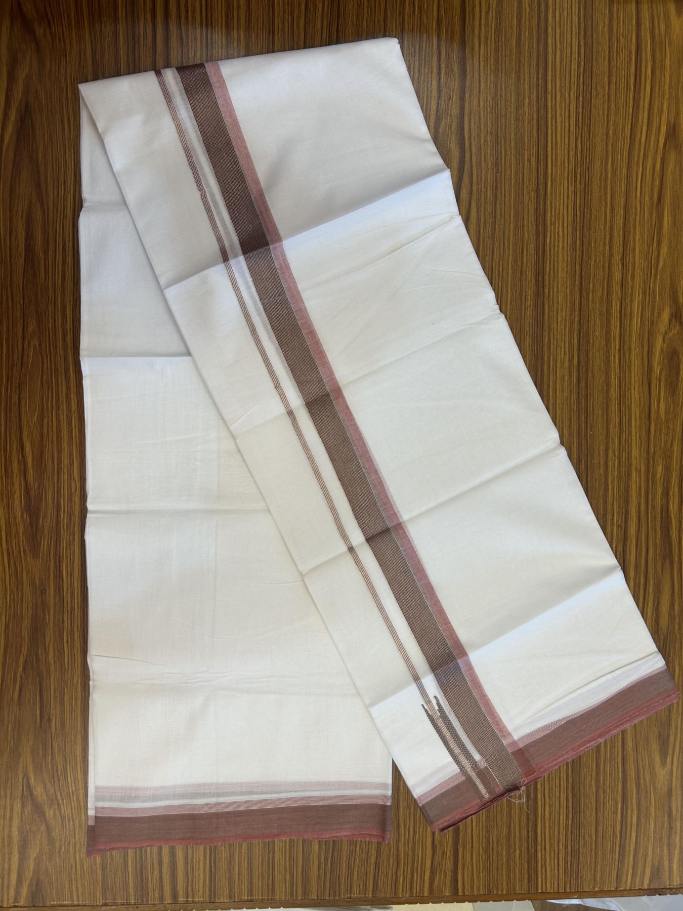 20% Discount!! Kaitharikada Balaramapuram 100% Pure Cotton Pure White Double Mundu/Dothi - 100x80 - 1.5 inch Dusty Rose & Green Silver Kasav Stripes Chutty Kara 3.90 m (8 muzham) - 16 KK5356 VAS