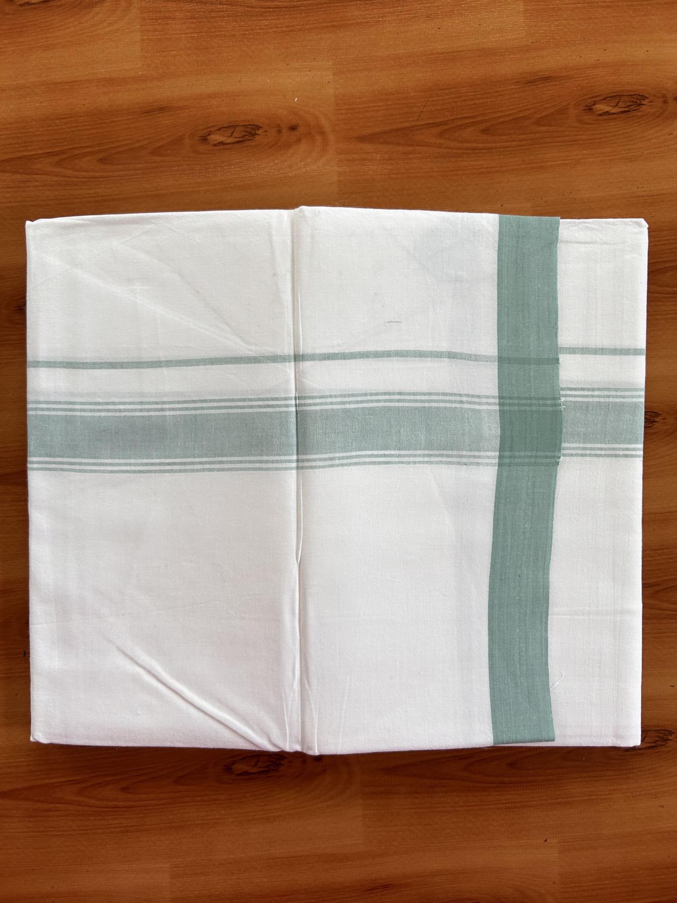 Single Pure White Mundu/Dhoti - KaithariKada Balaramapuram Pure Cotton - 70x30 - 1.25 Inch Teal Green Shaded Striped Kara 1.90 mtr (4 muzham) - 22 KK5418 PMC