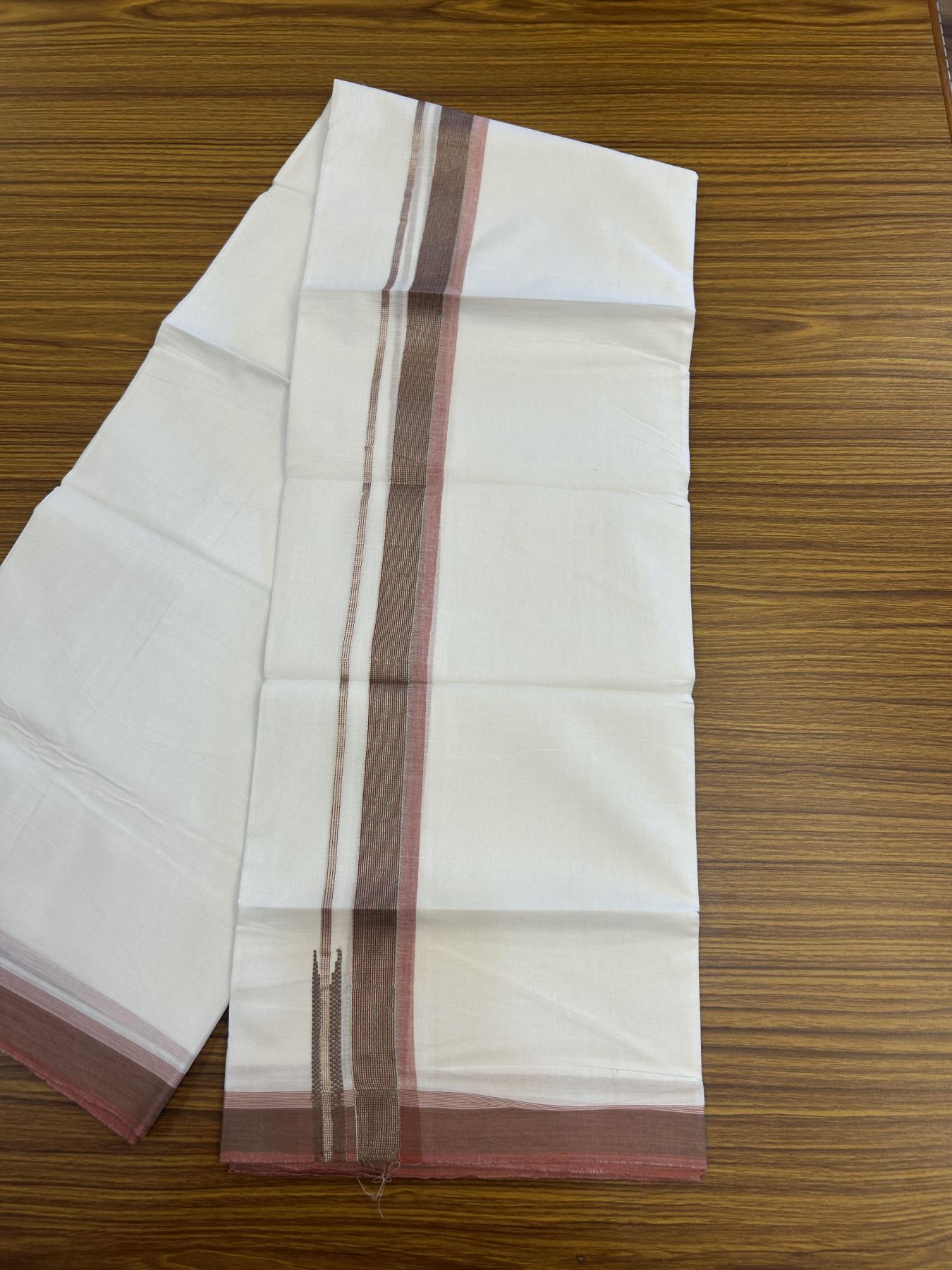20% Discount!! Kaitharikada Balaramapuram 100% Pure Cotton Pure White Double Mundu/Dothi - 100x80 - 1.5 inch Dusty Rose & Green Silver Kasav Stripes Chutty Kara 3.90 m (8 muzham) - 16 KK5356 VAS