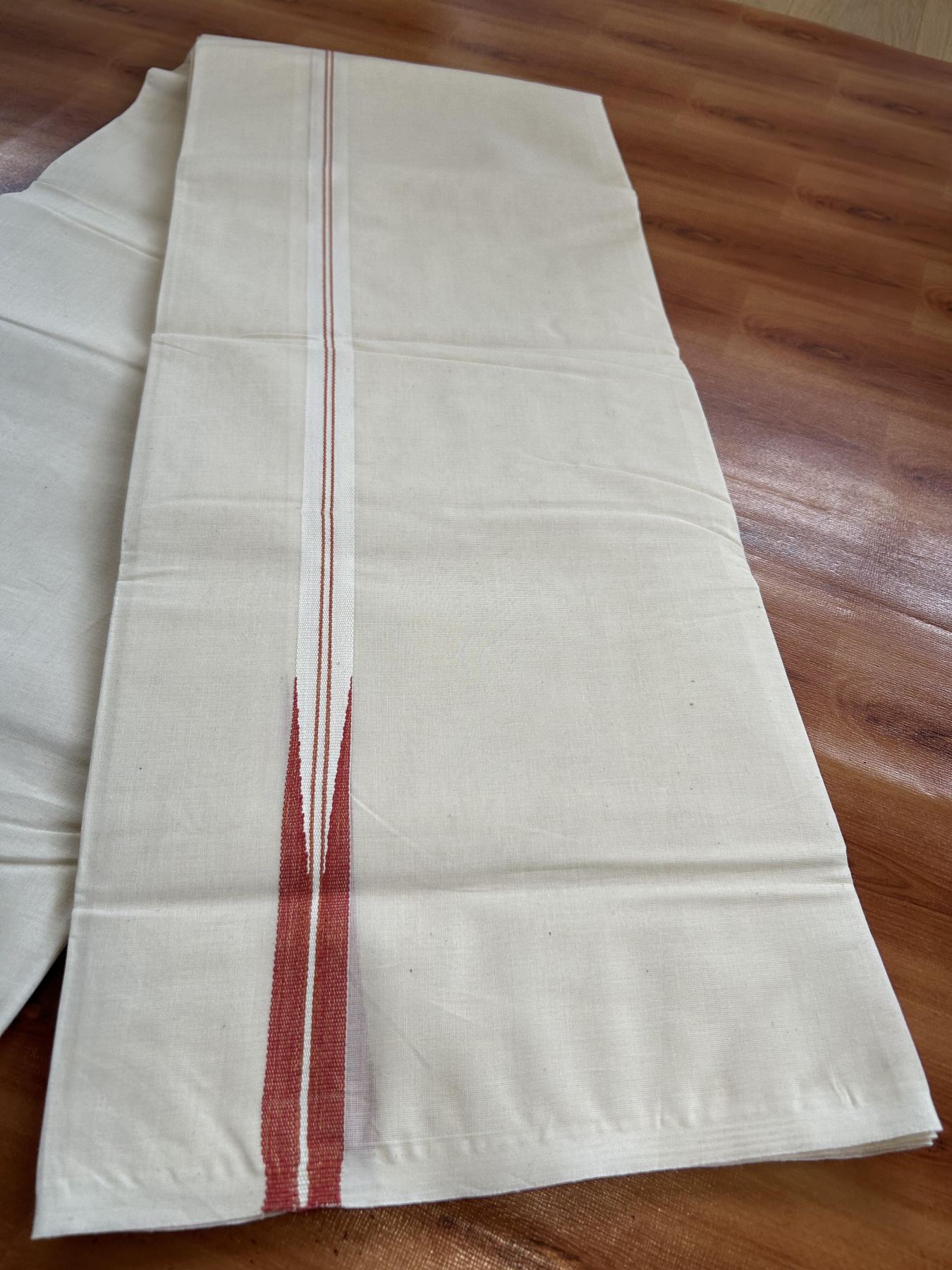 Double Off white Mundu/Dhoti - 20% Discount! KaithariKada Balaramapuram 100% Cotton - 100x100 - 0.75 inch Puliyilakkara Gold Kasav & Red Shaded Chutty Kara - 4 mtr (8.5 muzham) - 21 KK5392 ASH