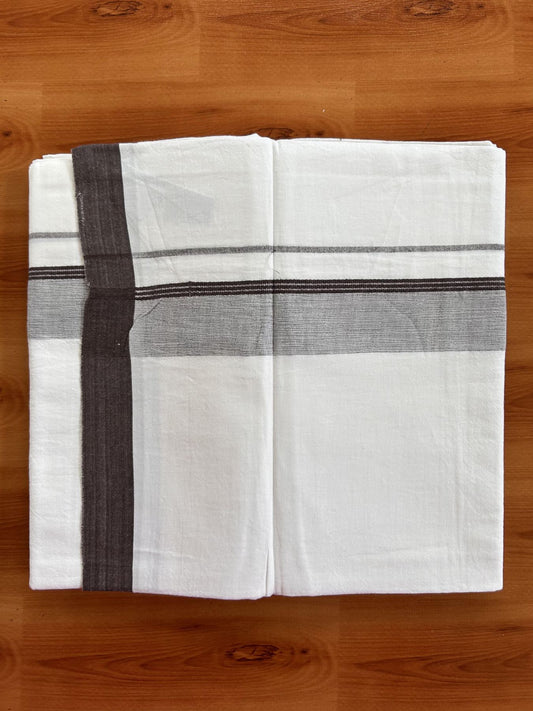 Single Pure White Mundu/Dhoti - KaithariKada Balaramapuram Pure Cotton - 70x30 - 1.25 Inch Brown Shaded Striped Kara 1.90 mtr (4 muzham) - 26 KK5418 PMC