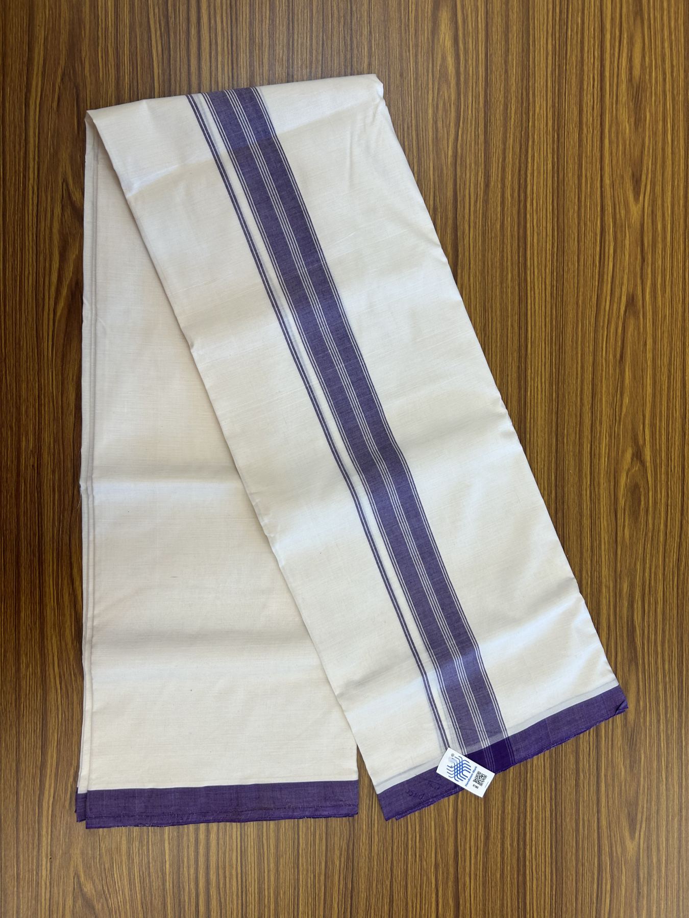 Kerala Handloom - Signature Kaitharikada - Government Sealed Hallmarked-100% Pure Cotton! (2/120X2/160) Twisted Thread- Off White Double Mundu/Dhoti - 1.5 inch Violet Shaded Striped Kara 4 mtr (8.5 muzham) - 21 KK5331 KAL