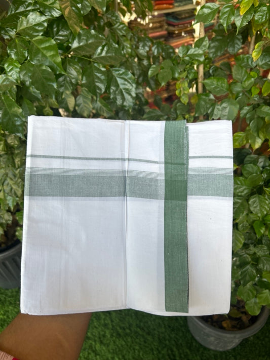 KaithariKada Balaramapuram 100% Cotton Single Pure White Mundu/Dhoti - 100X80 - 1.5 inch Green Shaded Side Stripes kara 2 mtr (4 muzham) - 17 KK5294 THI