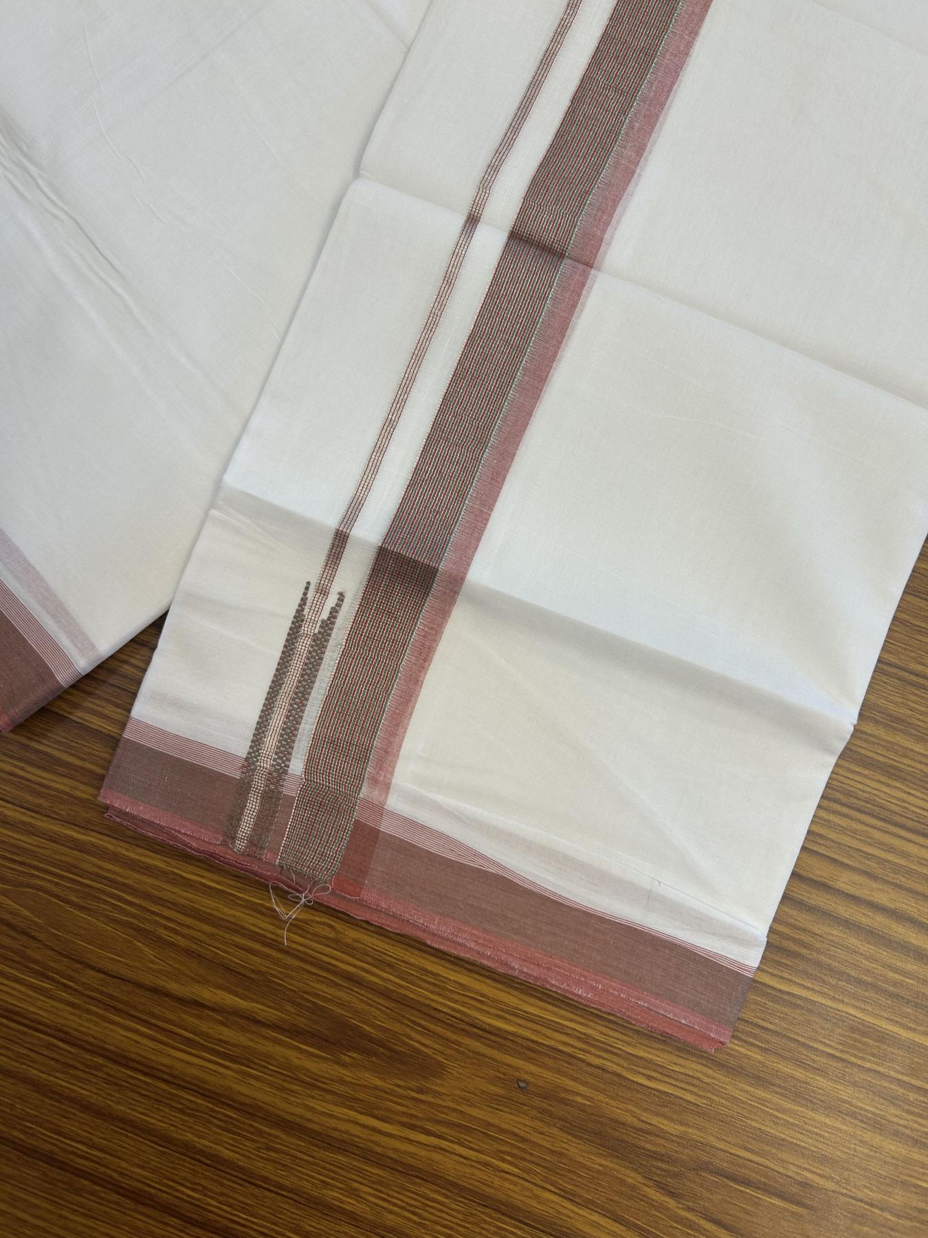 20% Discount!! Kaitharikada Balaramapuram 100% Pure Cotton Pure White Double Mundu/Dothi - 100x80 - 1.5 inch Dusty Rose & Green Silver Kasav Stripes Chutty Kara 3.90 m (8 muzham) - 16 KK5356 VAS