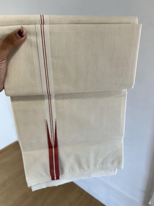 Double Off white Mundu/Dhoti - 20% Discount! KaithariKada Balaramapuram 100% Cotton - 100x100 - 0.75 inch Puliyilakkara Gold Kasav & Red Shaded Chutty Kara - 4 mtr (8.5 muzham) - 21 KK5392 ASH