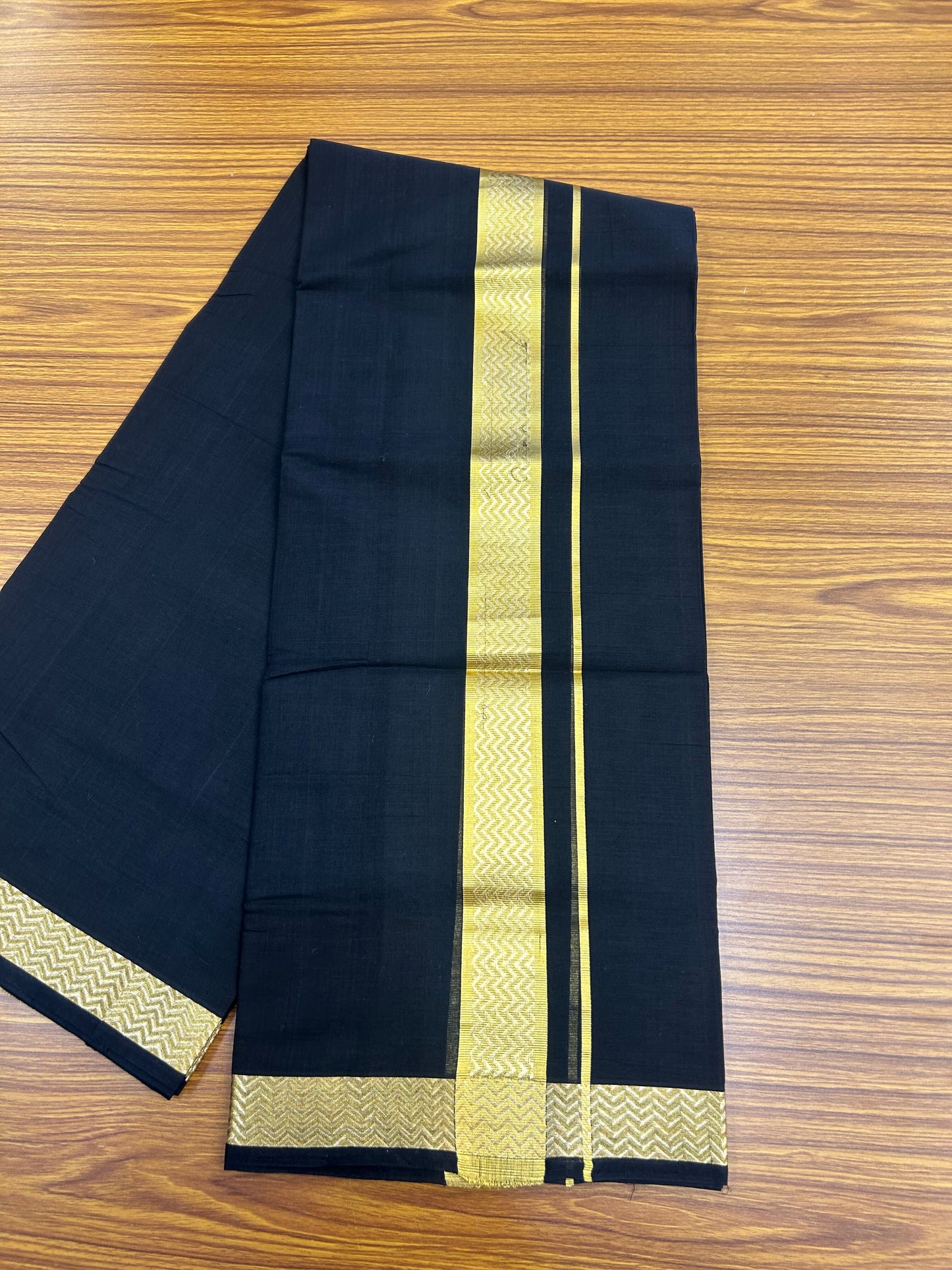 25% Discount! KaithariKada Handloom Unakkupaav Kerala Handloom- 100% Cotton Double Mundu/Dhoti - 1.75 inch Gold Kasavu Jacquard Design Kara with Black colour Body- 9 KK5375 ABH