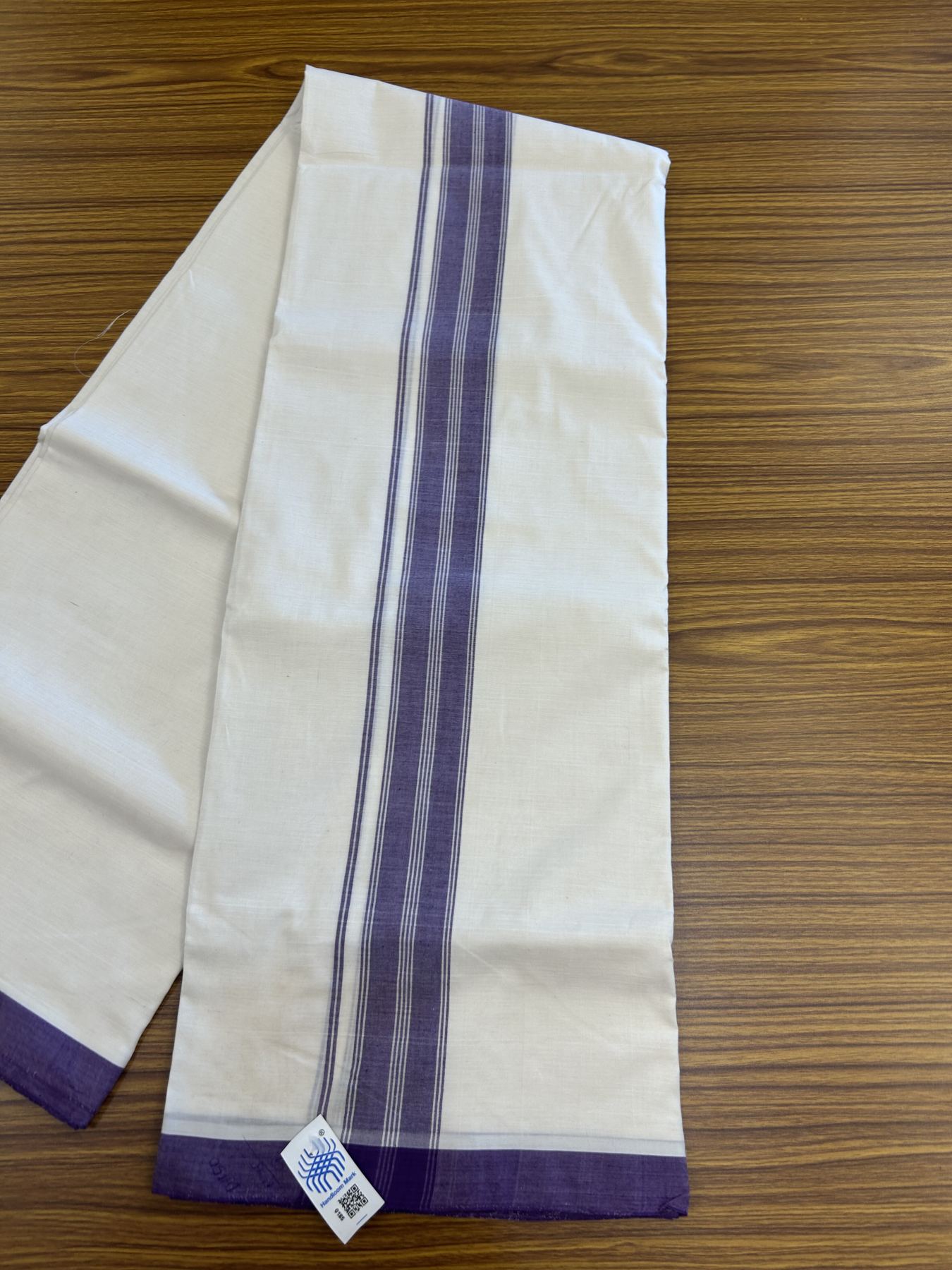 Kerala Handloom - Signature Kaitharikada - Government Sealed Hallmarked-100% Pure Cotton! (2/120X2/160) Twisted Thread- Off White Double Mundu/Dhoti - 1.5 inch Violet Shaded Striped Kara 4 mtr (8.5 muzham) - 21 KK5331 KAL
