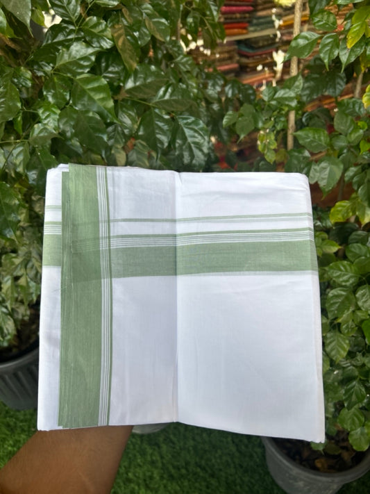 20% Discount ! Kaitharikada Balaramapuram 100% Cotton PURE WHITE Double Mundu/Dothi - 100x80 - 1.5 inch Pista Green Shaded Side Striped Kara 3.90 mtr (8 muzham) - 74 KK5294 THI