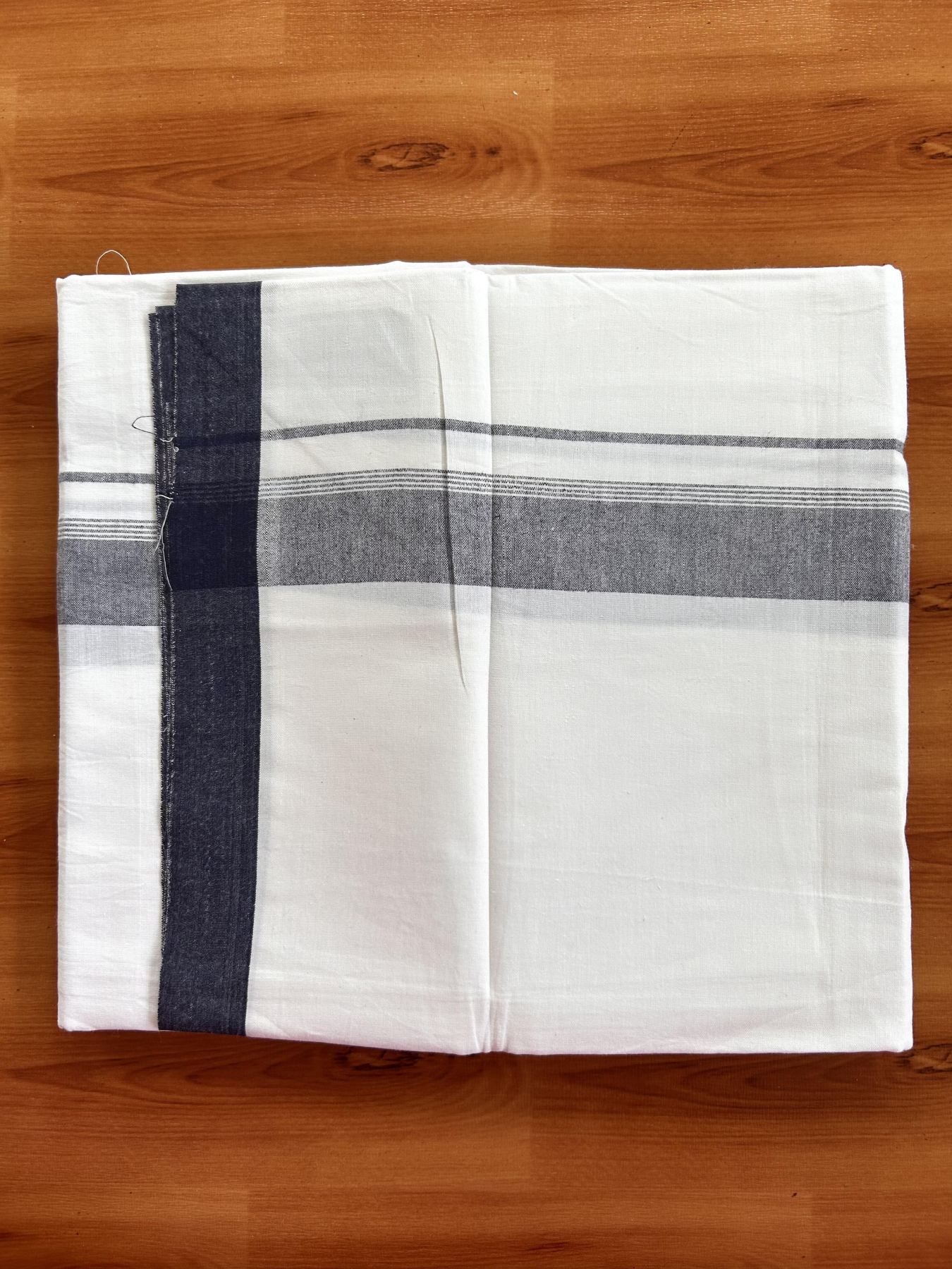 Single Pure White Mundu/Dhoti - KaithariKada Balaramapuram Pure Cotton - 70x30 - 1.25 Inch Navy Blue Shaded Striped Kara 1.90 mtr (4 muzham) - 17 KK5418 PMC