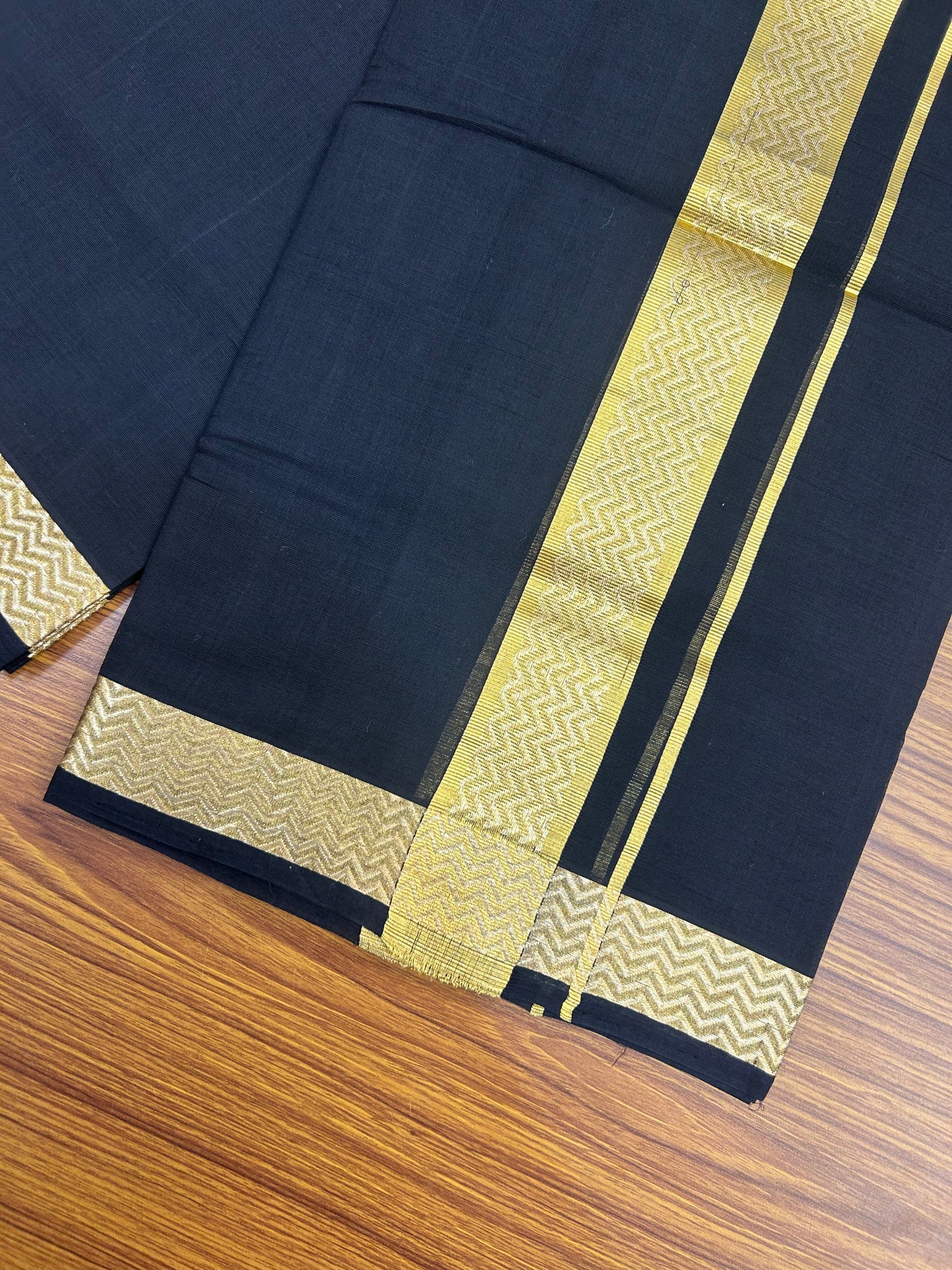 25% Discount! KaithariKada Handloom Unakkupaav Kerala Handloom- 100% Cotton Double Mundu/Dhoti - 1.75 inch Gold Kasavu Jacquard Design Kara with Black colour Body- 9 KK5375 ABH