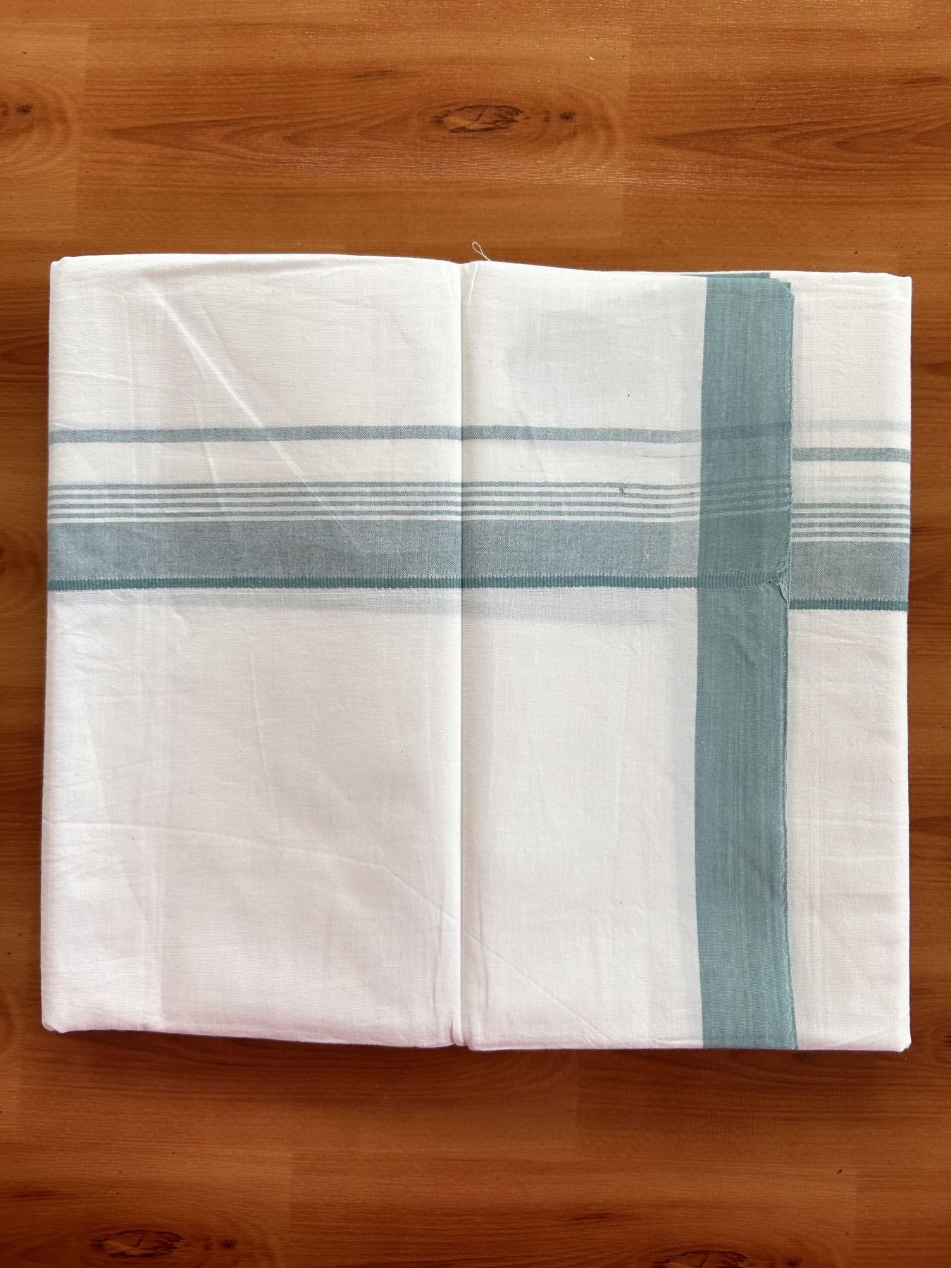 Single Pure White Mundu/Dhoti - KaithariKada Balaramapuram Pure Cotton - 70x30 - 1.25 Inch Teal Blue Shaded Striped Kara 1.90 mtr (4 muzham) - 23 KK5418 PMC