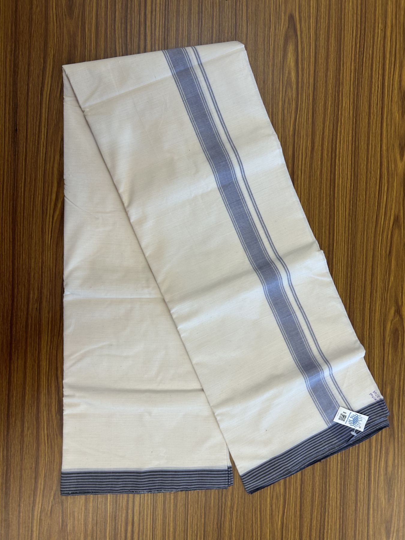 Kerala Handloom - Signature Kaitharikada - Government Sealed Hallmarked-100% Pure Cotton! (2/120sX100) Twisted Thread- Off White Double Mundu/Dhoti - 1.25 inch Lavender Blue Shaded Striped Kara 4 mtr (8.5 muzham) - 22 KK5331 KAL