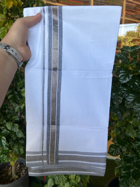 20% Discount ! KaithariKada Balaramapuram 100% Cotton Double Pure white Mundu/Dhoti- 100x100 - 1.5 inch Black & Silver Kasavu Shaded Striped Kara - 4mtr ( 8 muzham) - 39 KK5253 GAN
