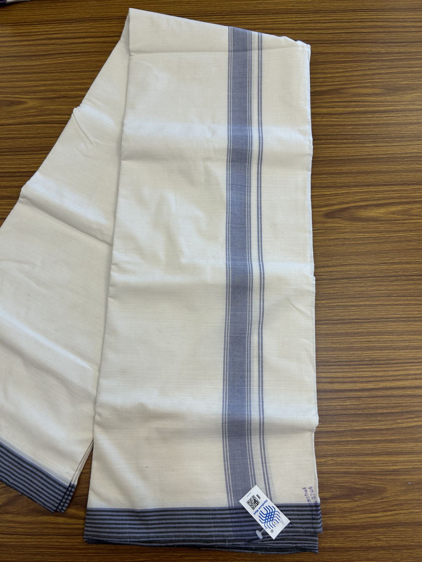 Kerala Handloom - Signature Kaitharikada - Government Sealed Hallmarked-100% Pure Cotton! (2/120sX100) Twisted Thread- Off White Double Mundu/Dhoti - 1.25 inch Lavender Blue Shaded Striped Kara 4 mtr (8.5 muzham) - 22 KK5331 KAL