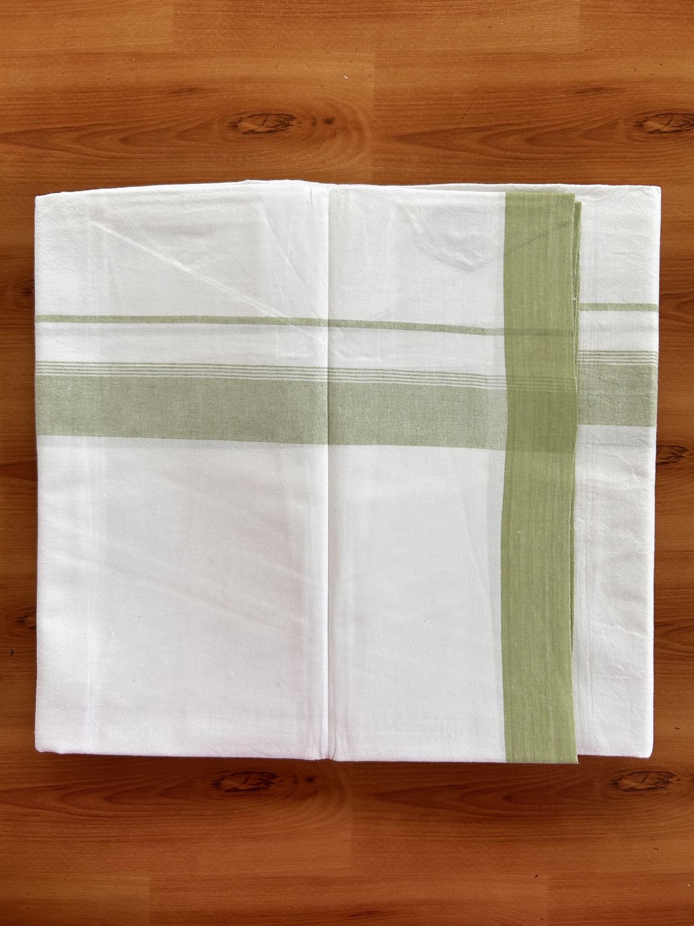 Single Pure White Mundu/Dhoti - KaithariKada Balaramapuram Pure Cotton - 70x30 - 1.25Inch Greenish Beige Shaded Striped Kara 1.90 mtr (4 muzham) - 19 KK5418 PMC