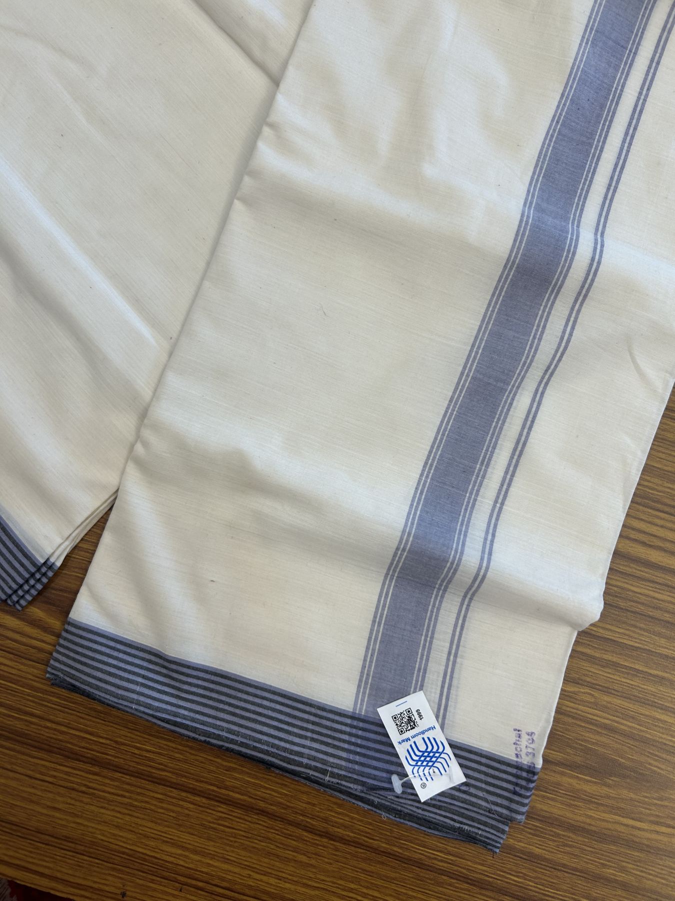 Kerala Handloom - Signature Kaitharikada - Government Sealed Hallmarked-100% Pure Cotton! (2/120sX100) Twisted Thread- Off White Double Mundu/Dhoti - 1.25 inch Lavender Blue Shaded Striped Kara 4 mtr (8.5 muzham) - 22 KK5331 KAL