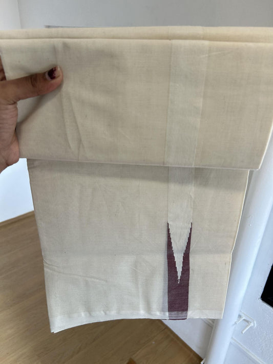 Double Off white Mundu/Dhoti - 20% Discount! KaithariKada Balaramapuram - 100% Cotton  100x100 - 1 inch Maroon shaded Chutty Kara - 4 mtr (8.5 muzham) - 26 KK5392 ASH