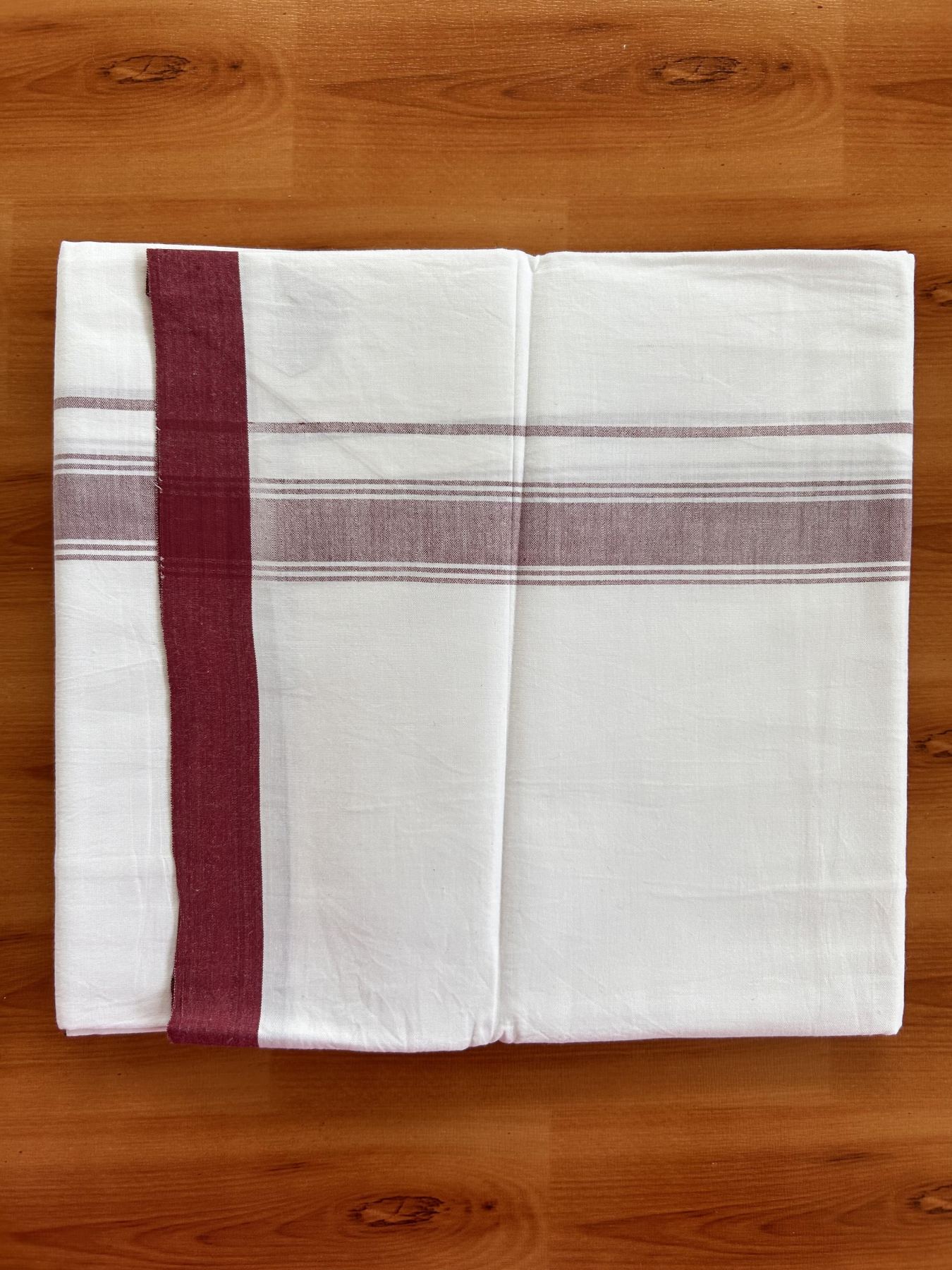 Single Pure White Mundu/Dhoti - KaithariKada Balaramapuram Pure Cotton - 70x30 - 1.25 Inch Maroon Shaded Striped Kara 1.90 mtr (4 muzham) - 21 KK5418 PMC