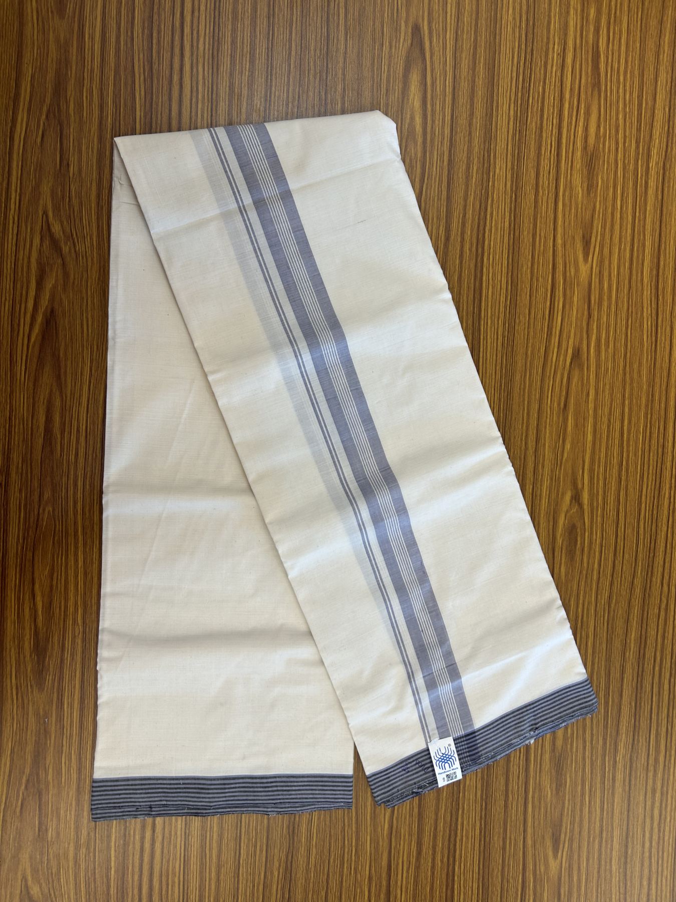 Kerala Handloom - Signature Kaitharikada - Government Sealed Hallmarked-100% Pure Cotton! (2/120sX100) Twisted Thread- Off White Double Mundu/Dhoti - 1.5 inch Light Lavender Blue Shaded Striped Kara 4 mtr (8.5 muzham) - 23 KK5331 KAL