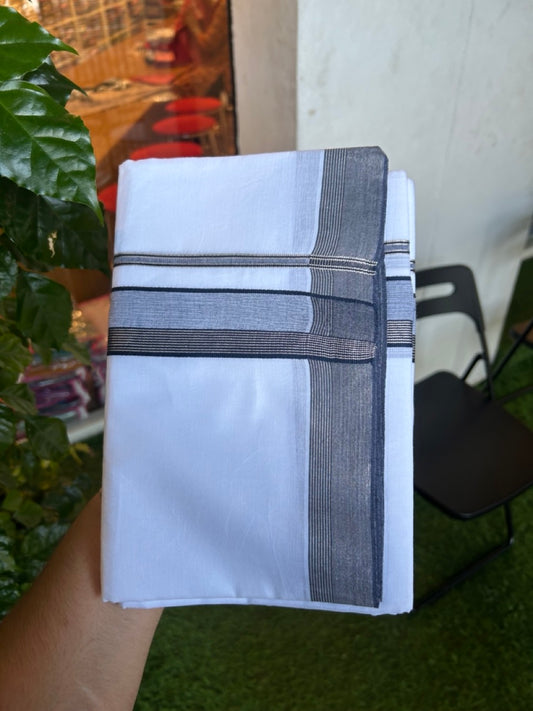 20% Discount ! KaithariKada Balaramapuram 100% Cotton Double Pure white Mundu/Dhoti- 100x100 - 1.5 inch Silver Kasavu Navy Blue & Blue Shaded Striped Kara - 4mtr ( 8 muzham) - 37 KK5253 GAN