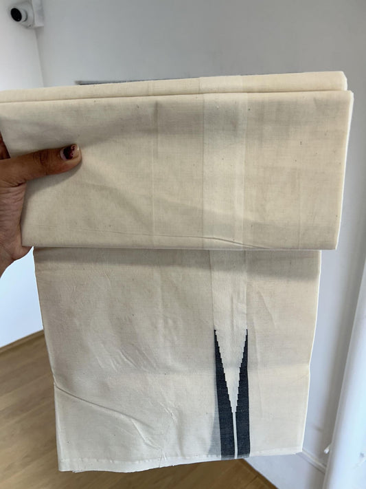 Double Off white Mundu/Dhoti - 20% Discount! KaithariKada Balaramapuram - 100% Cotton  100x100 - 1 inch Black shaded Chutty Kara - 4 mtr (8.5 muzham) - 23 KK5392 ASH