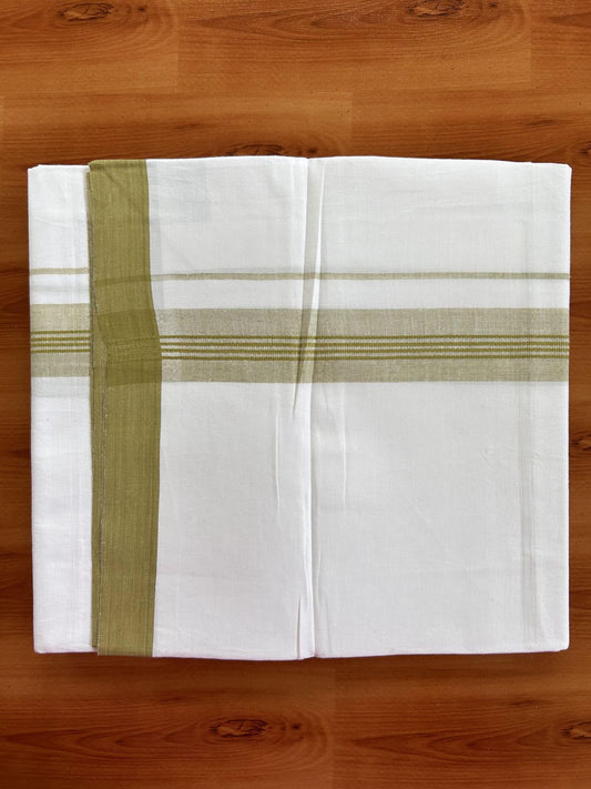 Single Pure White Mundu/Dhoti - KaithariKada Balaramapuram Pure Cotton - 70x30 - 1.25 Inch Parrot Green Shaded Striped Kara 1.90 mtr (4 muzham) - 25 KK5418 PMC