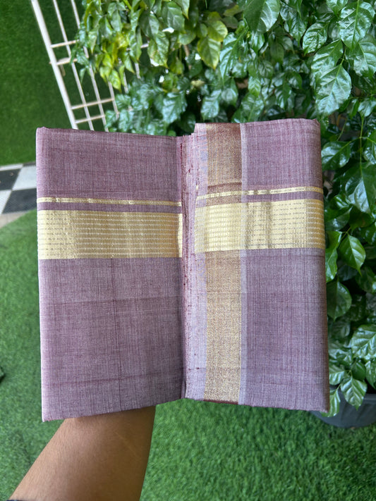 25% Discount! KaithariKada Handloom Unakkupaav Kerala Handloom- 100% Cotton Double Mundu/Dhoti - 1.75 inch Light Gold Kasavu Striped Design Kara with Wine Shaded colour Body- 12 KK5375 ABH