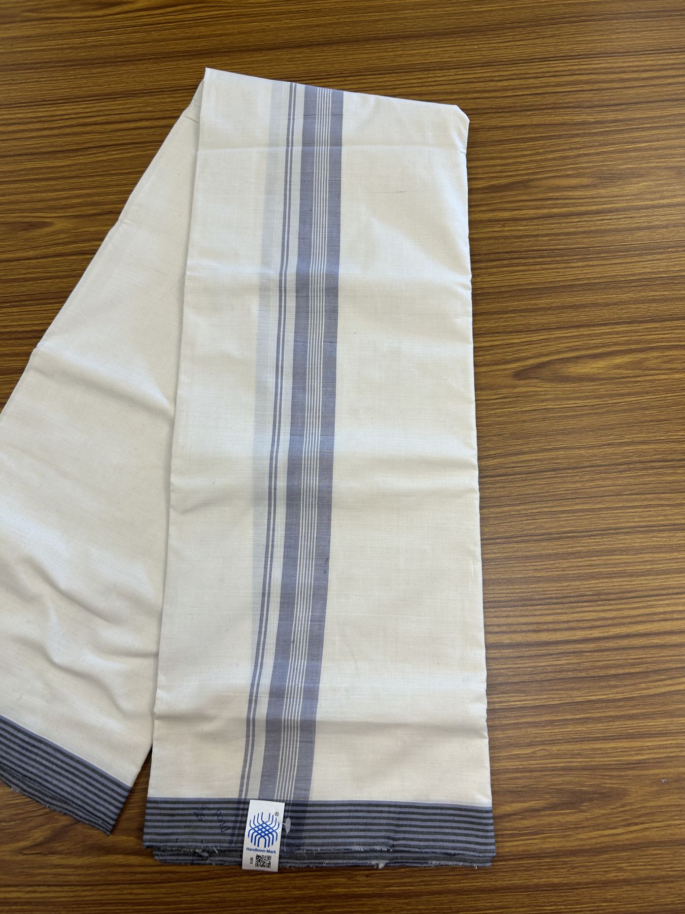 Kerala Handloom - Signature Kaitharikada - Government Sealed Hallmarked-100% Pure Cotton! (2/120sX100) Twisted Thread- Off White Double Mundu/Dhoti - 1.5 inch Light Lavender Blue Shaded Striped Kara 4 mtr (8.5 muzham) - 23 KK5331 KAL