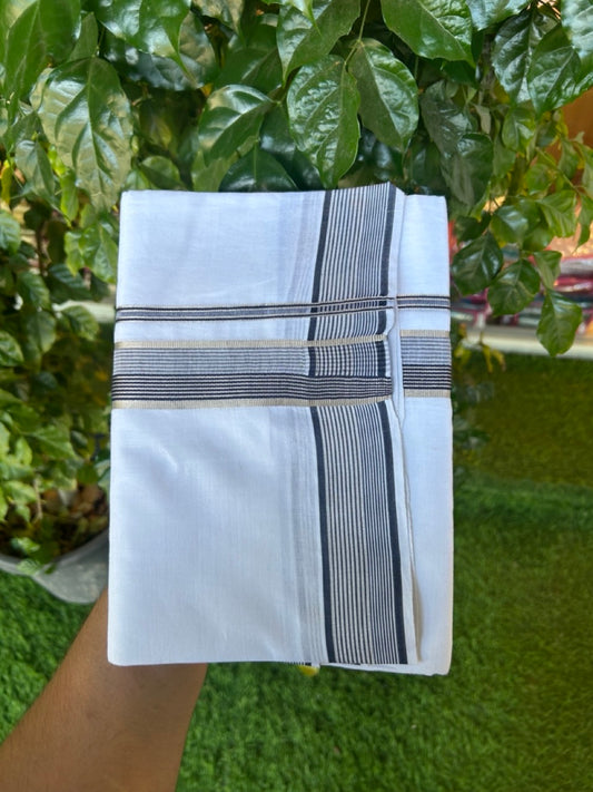 20% Discount ! KaithariKada Balaramapuram 100% Cotton Double Pure white Mundu/Dhoti- 100x100 - 1.25 inch Silver Kasavu Navy Blue & Shaded Striped Kara - 4mtr ( 8 muzham) - 36 KK5253 GAN