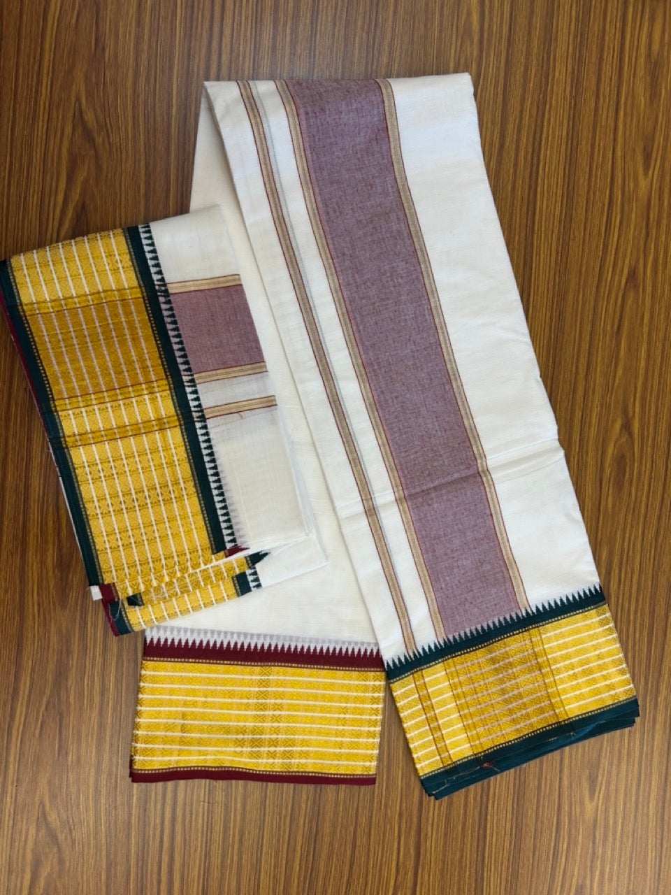 20% Discount! KaithariKada  Mixed Cotton Off White - (Unbleached) 80x90 thread - North Indian - Gamcha 8x4 - 3.75 inch kara with Maroon & Dark Green Gold Kasav border - 1 KK5303 PMC