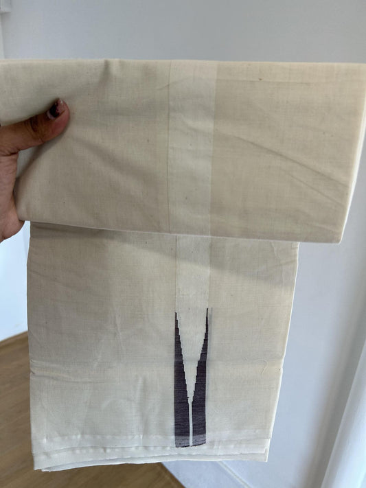 Double Off white Mundu/Dhoti - 20% Discount! KaithariKada Balaramapuram - 100% Cotton  100x100 - 1 inch Dark Brown shaded Chutty Kara - 4 mtr (8.5 muzham) - 25 KK5392 ASH