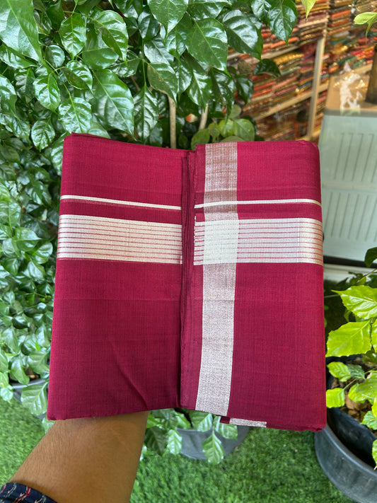 25% Discount! KaithariKada Handloom Unakkupaav Kerala Handloom- 100% Cotton Double Mundu/Dhoti - 1.5 inch Silver Kasavu Striped Design Kara with Dark Wine Maroon colour Body- 13 KK5375 ABH