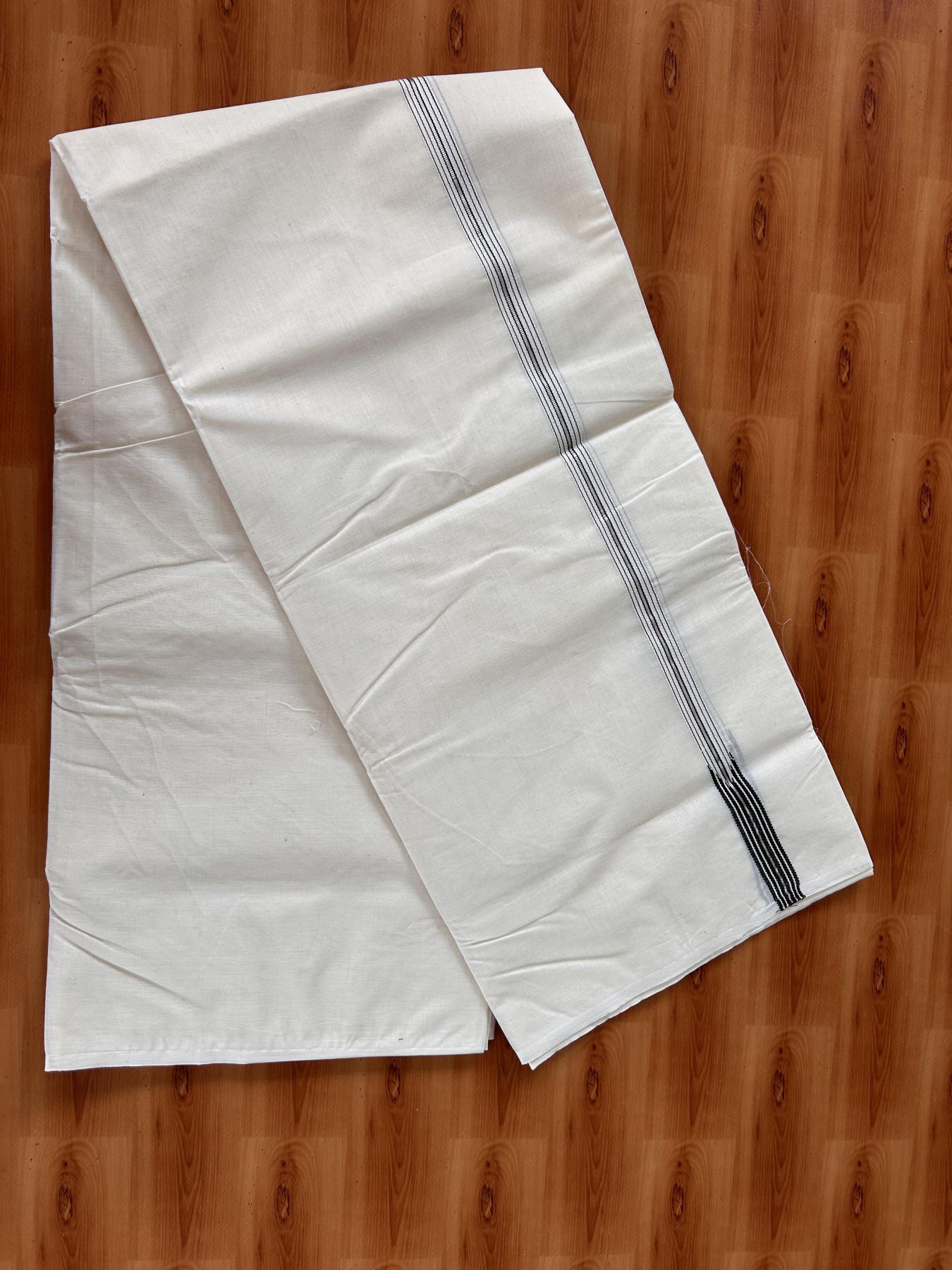Double Off White (Unbleached) Mundu/Dhoti - 20% Discount !! KaithariKada Balaramapuram - 100% Cotton - 100X100 - 6 line 0.5 inch Silver Kasav & Black Stripes chutty Kara (4.25 meter / 9.11 muzham) - 1 KK5435 ASH