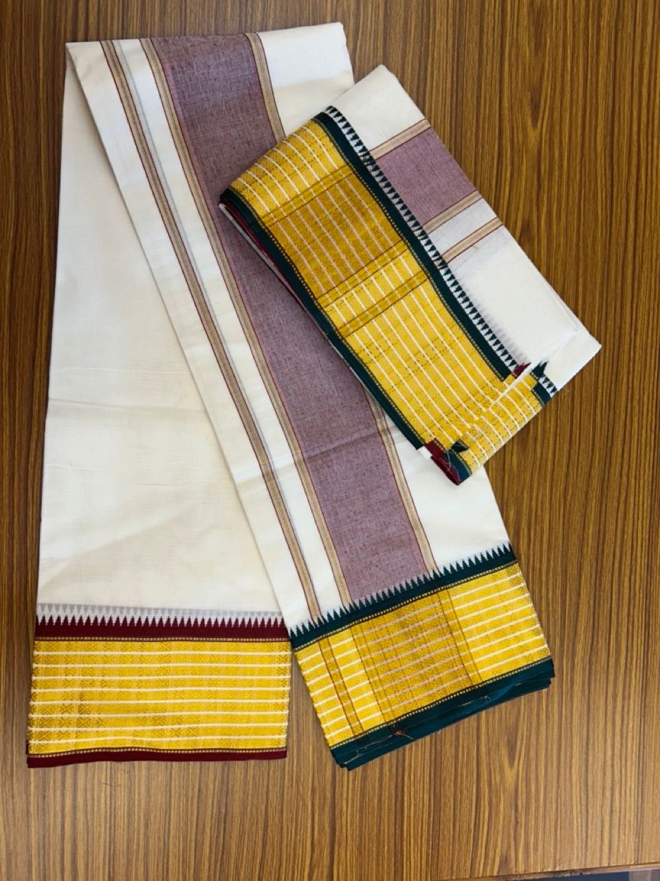 20% Discount! KaithariKada  Mixed Cotton Off White - (Unbleached) 80x90 thread - North Indian - Gamcha 8x4 - 3.75 inch kara with Maroon & Dark Green Gold Kasav border - 1 KK5303 PMC