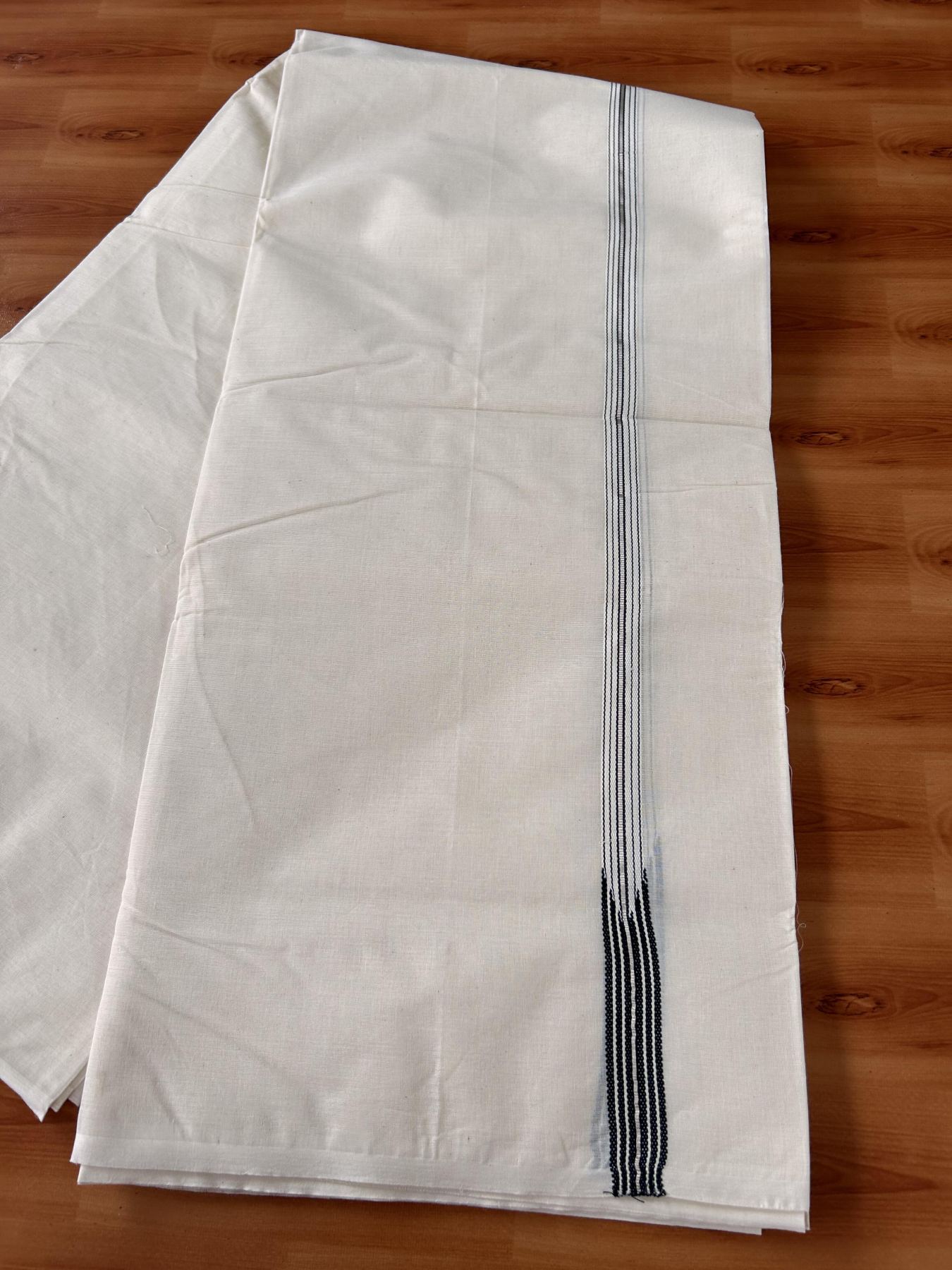Double Off White (Unbleached) Mundu/Dhoti - 20% Discount !! KaithariKada Balaramapuram - 100% Cotton - 100X100 - 6 line 0.5 inch Silver Kasav & Black Stripes chutty Kara (4.25 meter / 9.11 muzham) - 1 KK5435 ASH