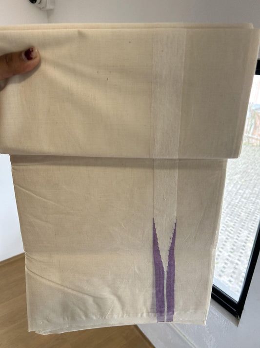 Double Off white Mundu/Dhoti - 20% Discount! KaithariKada Balaramapuram - 100% Cotton  100x100 - 1 inch Lavender shaded Chutty Kara - 4 mtr (8.5 muzham) - 30 KK5392 ASH