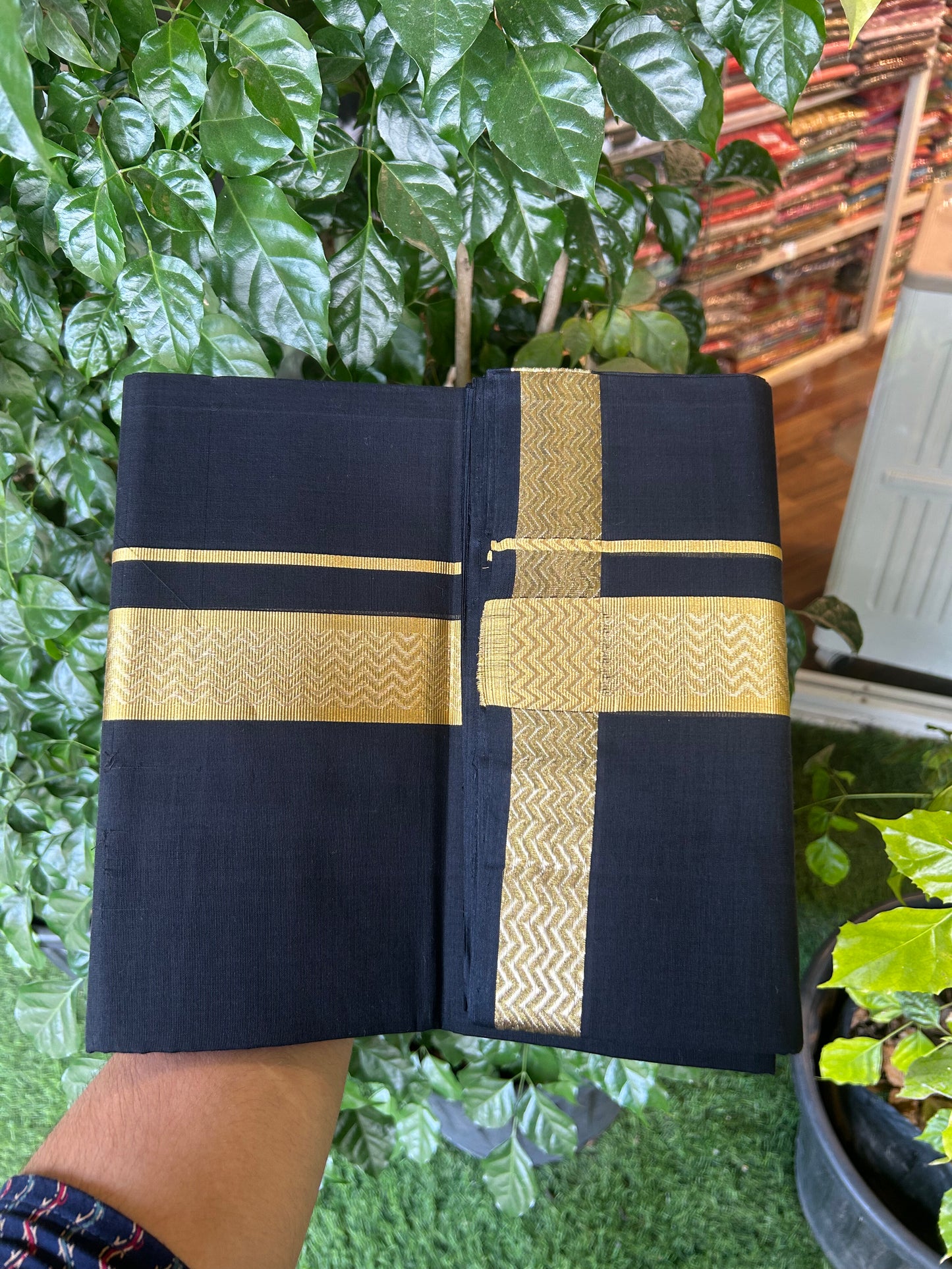 25% Discount! KaithariKada Handloom Unakkupaav Kerala Handloom- 100% Cotton Double Mundu/Dhoti - 1.75 inch Gold Kasavu Jacquard Design Kara with Black colour Body- 9 KK5375 ABH